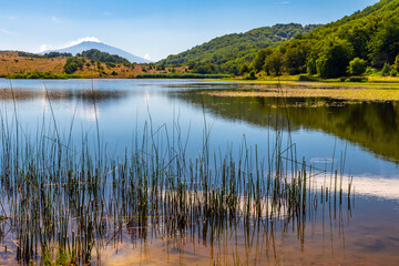 View of Biviere lake with Etna volcano, Nebrodi National Park, Sicily, Italy