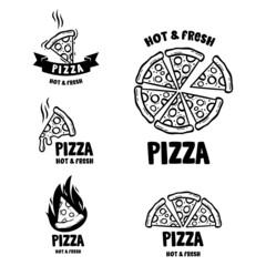 Hand drawn Pizza set. Labels, emblems and stickers of pizza logo.