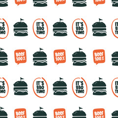 Hand drawn vector pattern with simple burger illustration and typography.