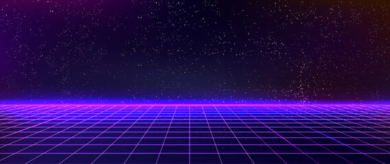 Futuristic neon cyber background with laser lines and starry sky. Digital retro banner in 80s style for design decoration