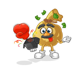 money bag prank glove in the box. cartoon mascot