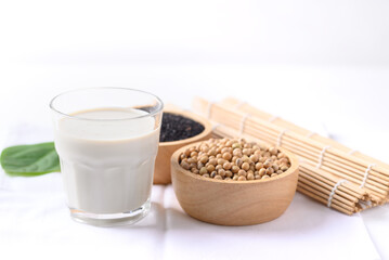 Soy milk with black sesame on white background, Healthy drink