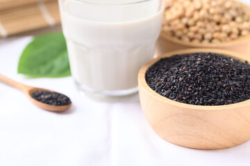 Soy milk with black sesame on white background, Healthy drink