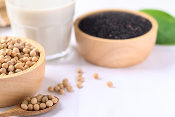Soy milk with black sesame on white background, Healthy drink