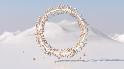 Glowing circle and balls. White mountains. Abstract illustration, 3d render.