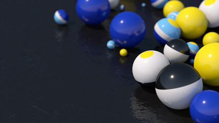 Group of white, blue, yellow, black balls. Abstract illustration, 3d render, close-up.
