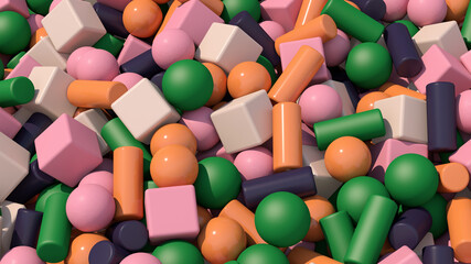 Colorful cubes, balls, cylinders. Abstract illustration, 3d render.