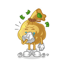 money bag blowing nose character. cartoon mascot vector