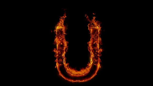 Super Slow Motion Shot of Burning Letter U Isolated on Black Background at 1000 fps.