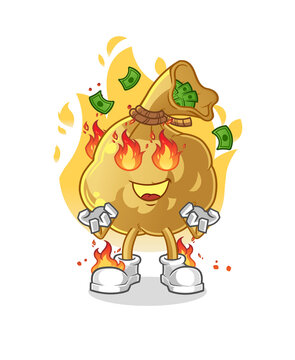 money bag on fire mascot. cartoon vector