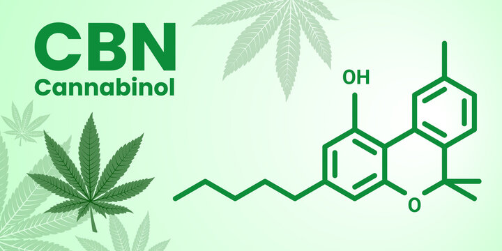 The molecular formula of Cannabinol CBN -  non-psychoactive cannabinoid. Vector banner of a formula with title and marihuana leaf on the light background.