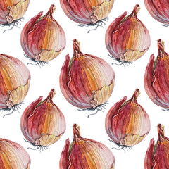 Seamless pattern watercolor unpeeled onion isolated on white background. Vitamin golden brown vegetable for health. Hand-drawn spicy food for soup salad, cookbook menu cafe. Art for sticker wallpaper