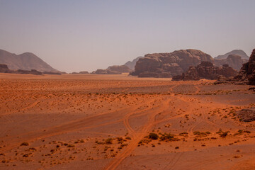 Car tire tracks in Wadi Rum desert, Jordan, April