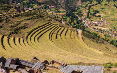 Ancient Incan farm terraces on the mountain slope, Pisac, Peru