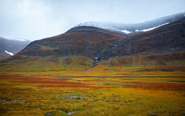 Mountains along Kungsleden hiking trail in the valley between Tjaktja pass and Salka hut, autumn, Lapland, Sweden