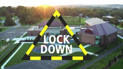 Public School Lockdown Warning Symbol. Aerial of American school in USA during active shooter drill. Emergency crisis management.