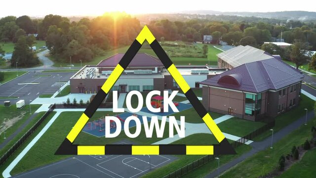 Public School Lockdown Warning Symbol. Aerial of American school in USA during active shooter drill. Emergency crisis management.