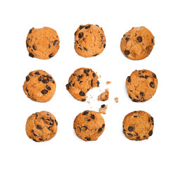 Tasty chocolate chips cookies on white background