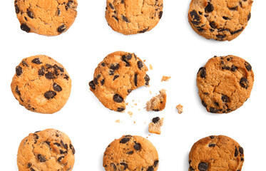 Tasty chocolate chips cookies on white background
