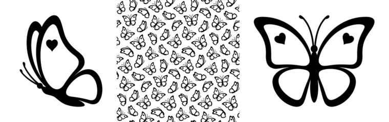 Outlines of butterflies with hearts and seamless pattern isolated on a white background. Outlines of butterflies are great for print gift paper, wedding greeting cards and fabrics