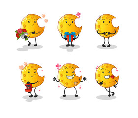 Crescent moon love set character. cartoon mascot vector