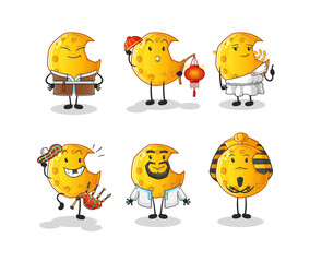 Crescent moon world culture group. cartoon mascot vector
