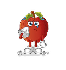 rotten apple cry with a tissue. cartoon mascot vector