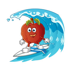 rotten apple surfing character. cartoon mascot vector