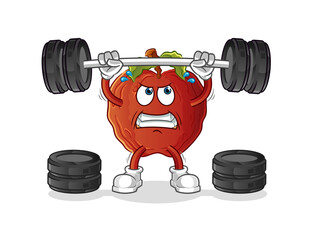 rotten apple lifting the barbell character. cartoon mascot vector