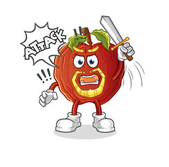 rotten apple knights attack with sword. cartoon mascot vector