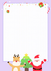 There's a picture of Santa and a tree on a purple note Christmas, letter paper, mail, invitation, notebook. Vector drawing. Hand drawn style.