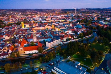 Scenic aerial view of old town of Ceske Budejovice with central square, Black tower and Cathedral of St Nicholas at dusk, Czech Republic