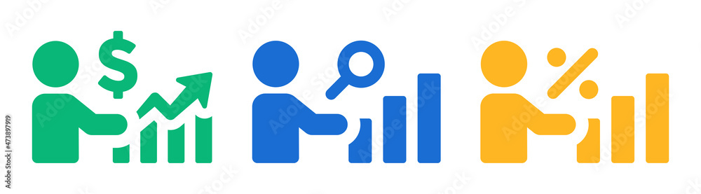 Poster view financial analytics icon set. magnifying glass with bar chart icon