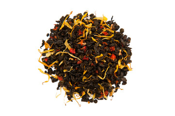 Green tea with calendula and dried wild strawberry isolated on the white background
