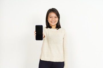 Fototapeta premium Showing on Blank Smartphone Screen of Beautiful Asian Woman Isolated On White Background