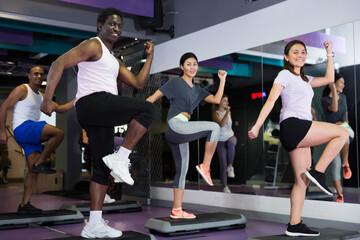 Fototapeta na wymiar Group of sporty people working out with steppers in fitness center