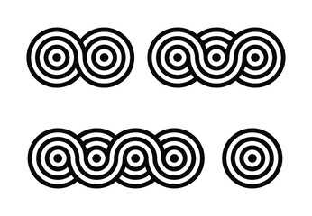 Set of geometric figures made of one, two, three and four circles. Several monochrome round shaped logo icons on white background. Branding logotype design element for corporate style