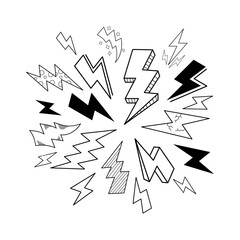 set of hand drawn vector doodle electric lightning bolt symbol sketch illustrations. thunder, vector ilustration