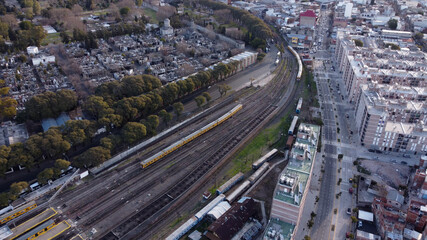 Train departing from Federico Lacroze railway station, Buenos Aires. Argentine. Aerial view