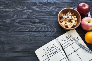 breakfast proper nutrition diet plan lifestyle wooden background