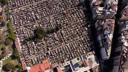 Aerial top-down circling over enormous Recoleta Cemetery in Buenos Aires City, Argentine