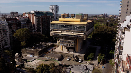 Aerial drone over National Library in Buenos Aires City, Argentina.