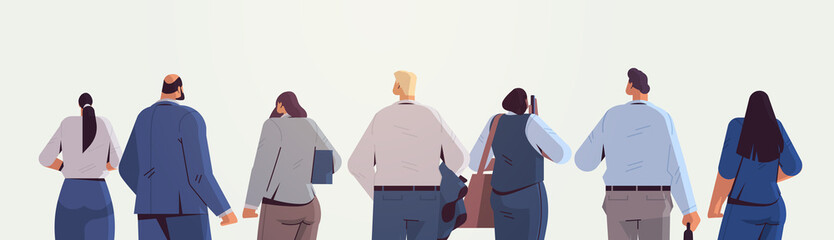 mix race businesspeople team standing back to camera rear view of business people group posing cartoon characters