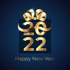 2022 New Year. Shiny golden 2022 in shape of a gift box with ribbon, bow on dark background. Holiday greeting card. New Year design for invitation, calendar, greeting card. Vector party decoration
