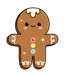 Cute smiling gingerbread man.Holiday sweet cookie isolated on light background. Symbol of Merry Christmas and Happy New Year. Cartoon illustration.