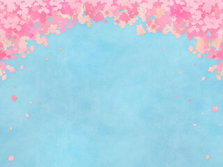 水彩画風　満開の桜　シルエット　フレーム・背景素材（横向き／水色背景）