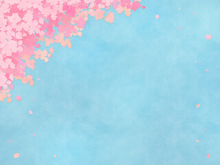 Fototapeta na wymiar 水彩画風　満開の桜　シルエット　フレーム・背景素材（横向き／水色背景）