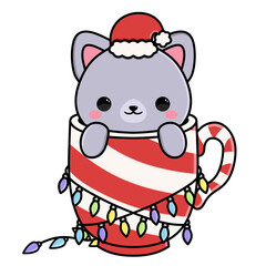 Christmas cute postcard. Postcard with a grey cat on whit background. Cat in coffe cup and garlands smiles. Cat with Santa hat