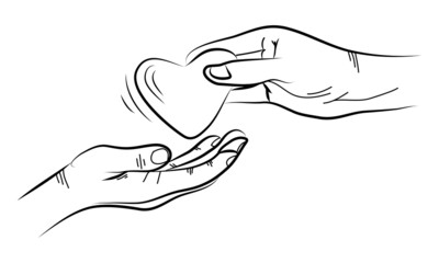 donate hand drawn. Concept of charity and donation. hands Give and share love to people. hands gesture on doodle style. vector illustration