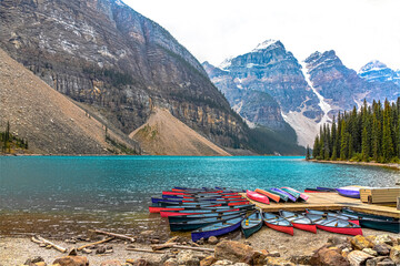 View of canoes in Moraine lake 